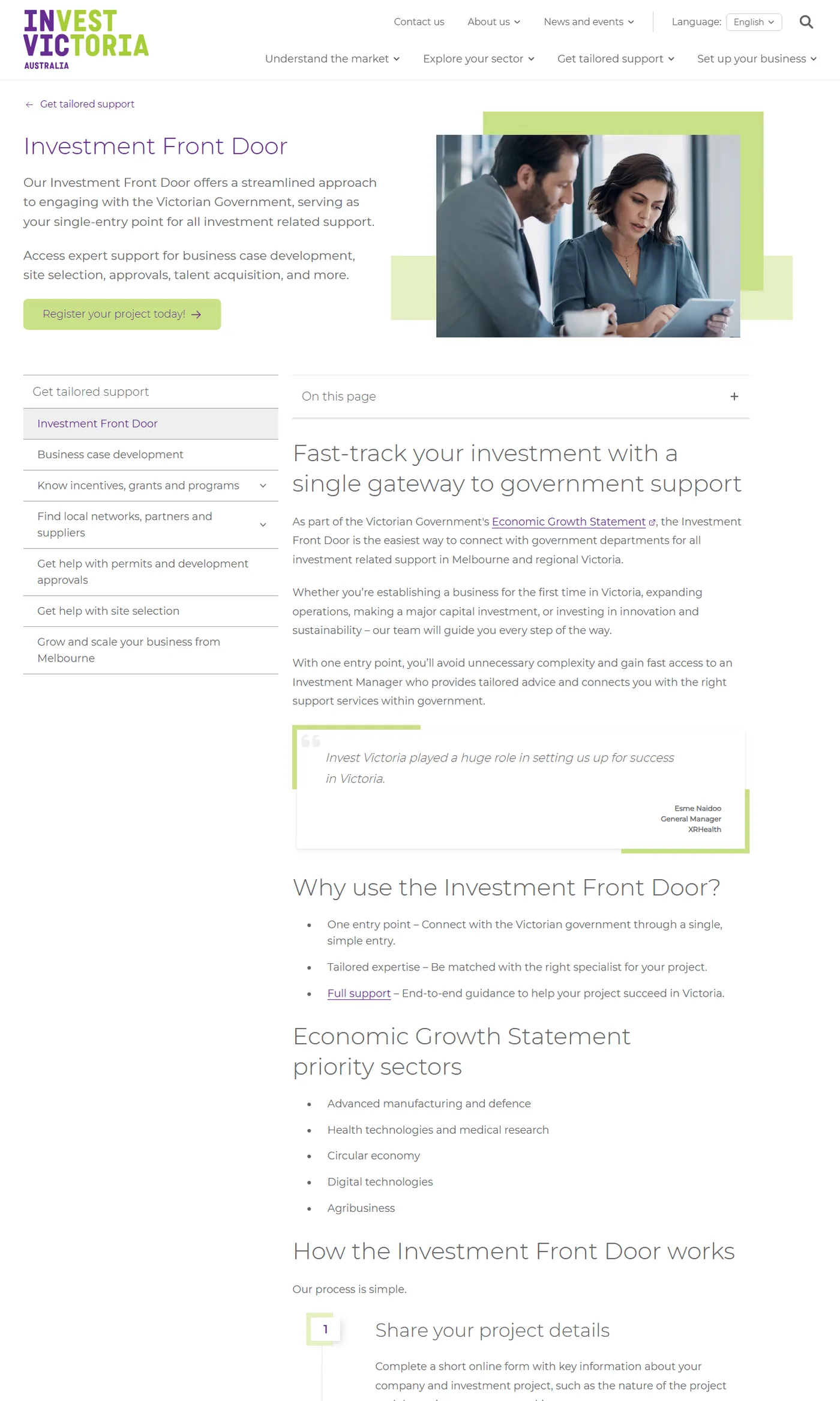 The Investment Front Door on invest.vic.gov.au