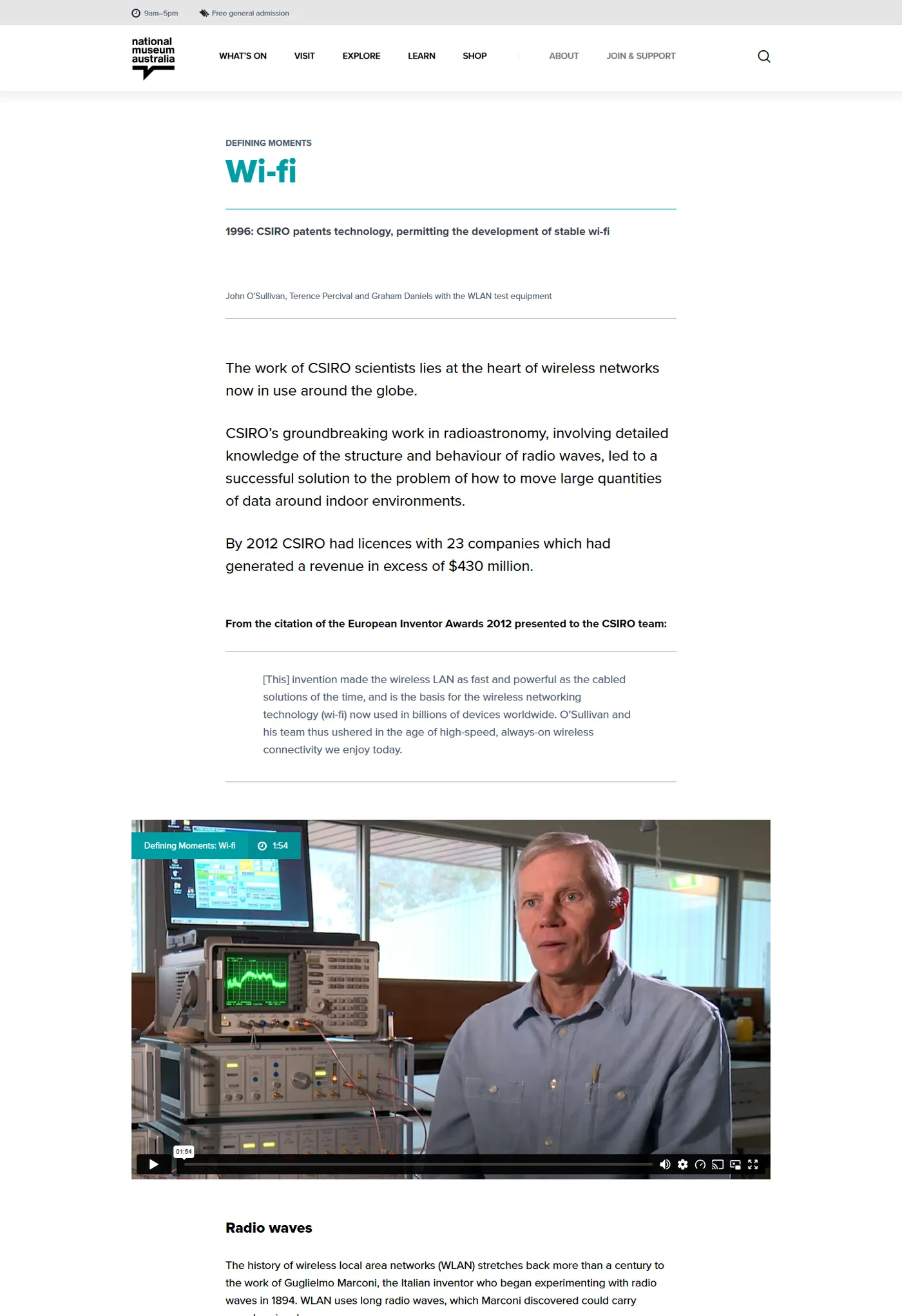 The Defining Moments page for the invention of wi-fi on nma.gov.au