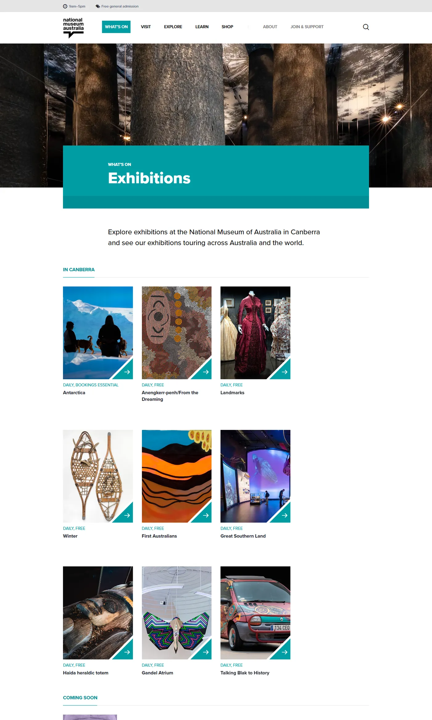 The exhibitions page on nma.gov.au
