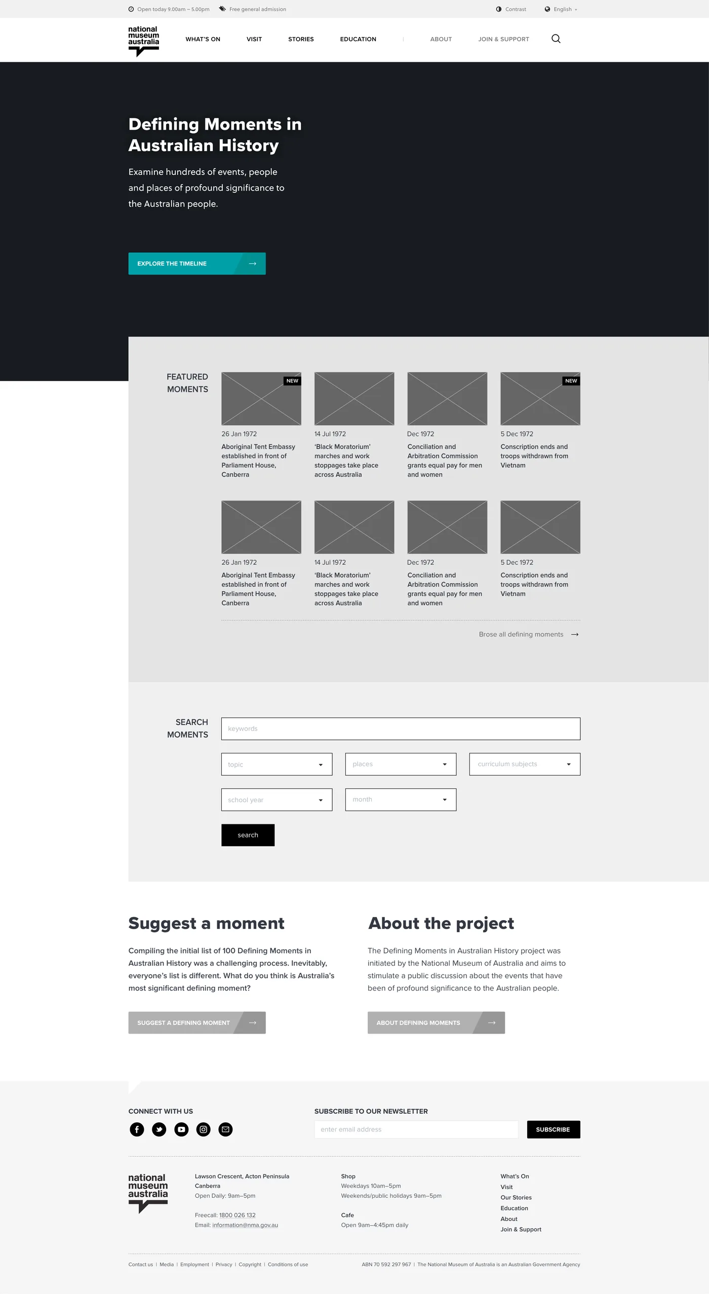 Defining Moments landing page wireframe, May 2018