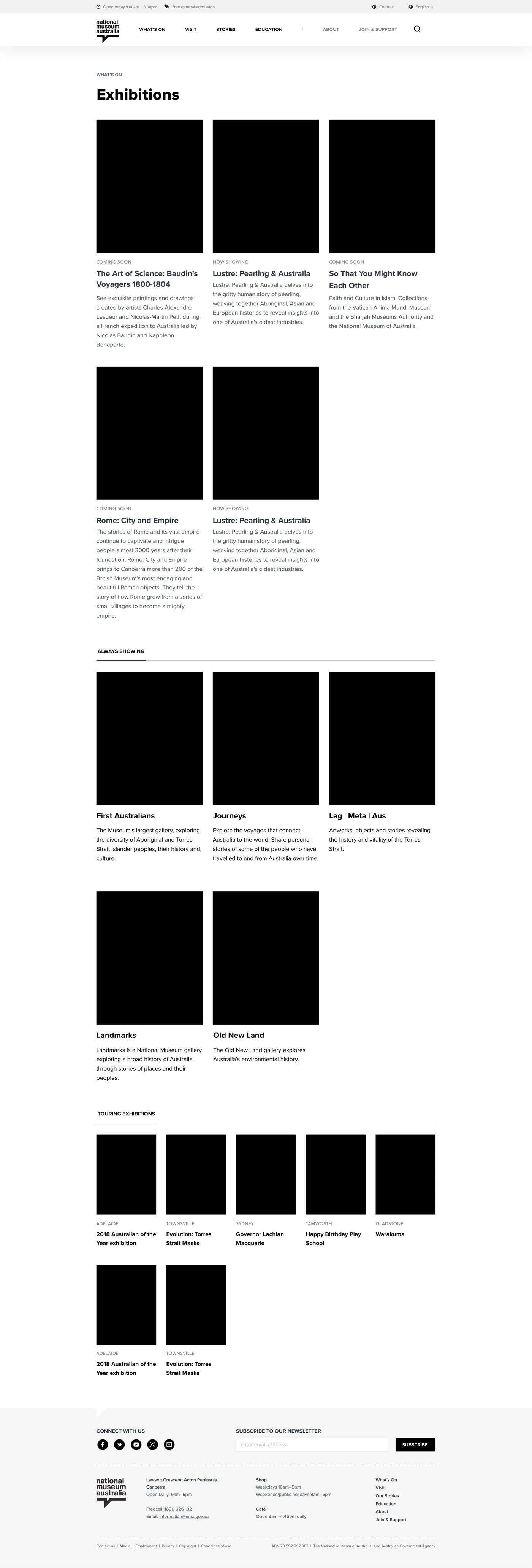 Exhibitions page wireframe, May 2018