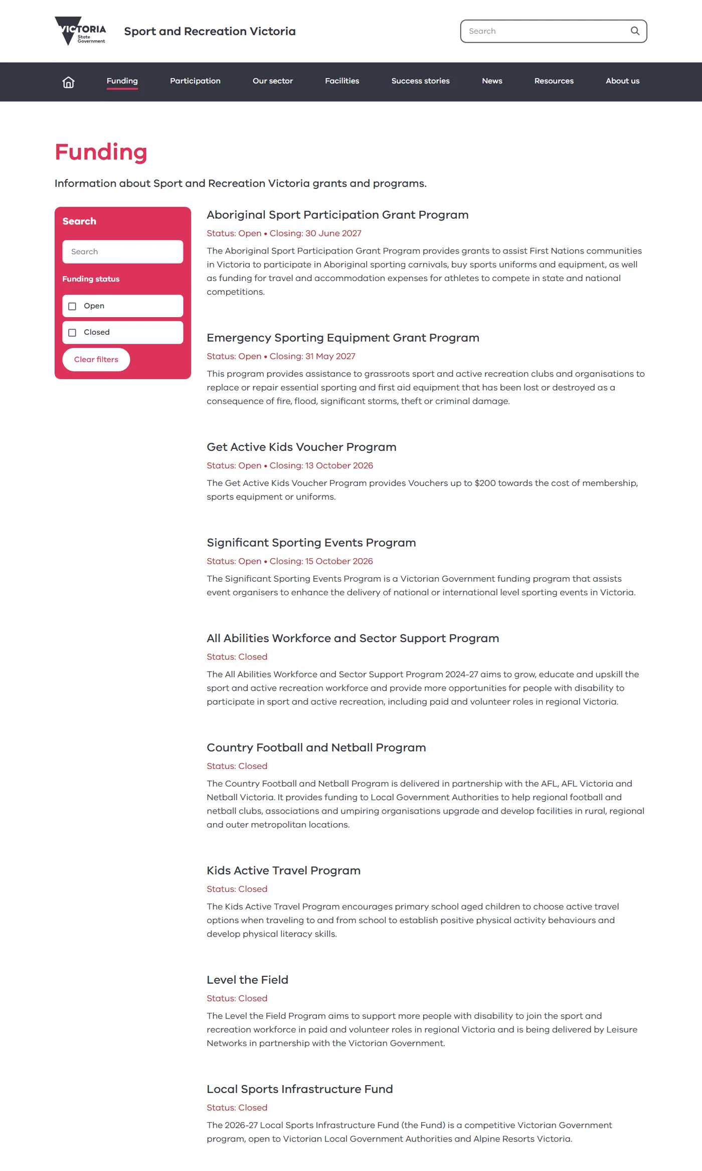 The Funding section on sport.vic.gov.au