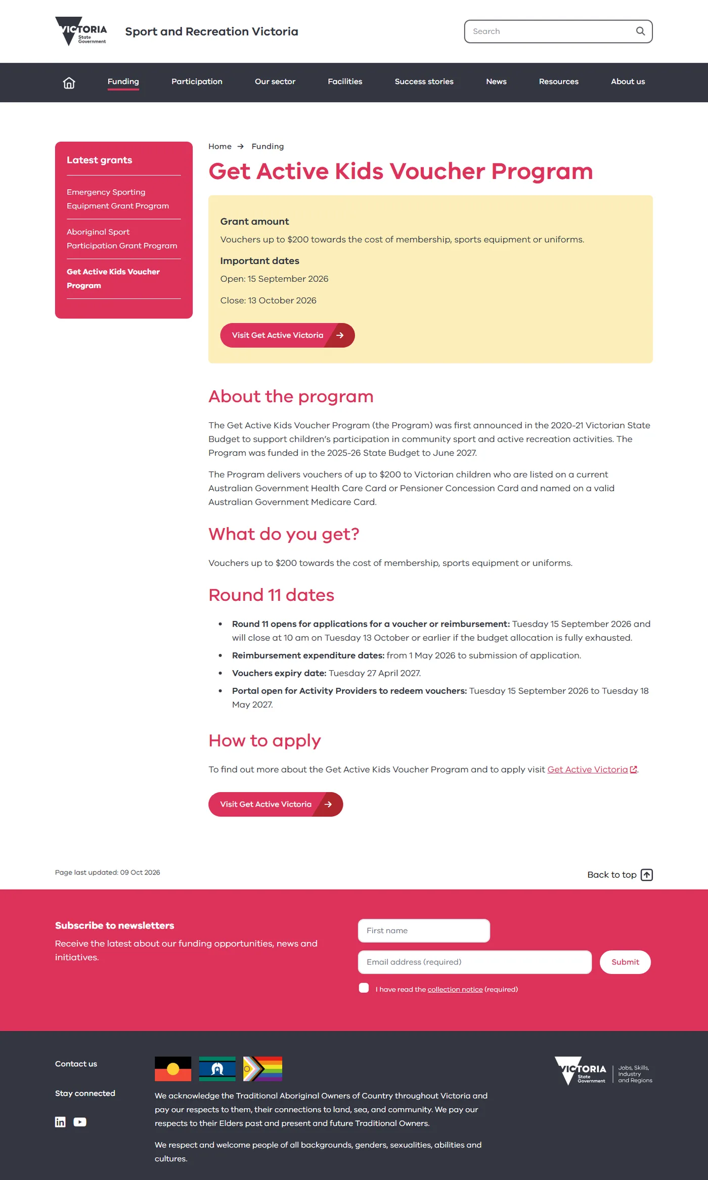 The Get Active Kids Voucher Program page on sport.vic.gov.au