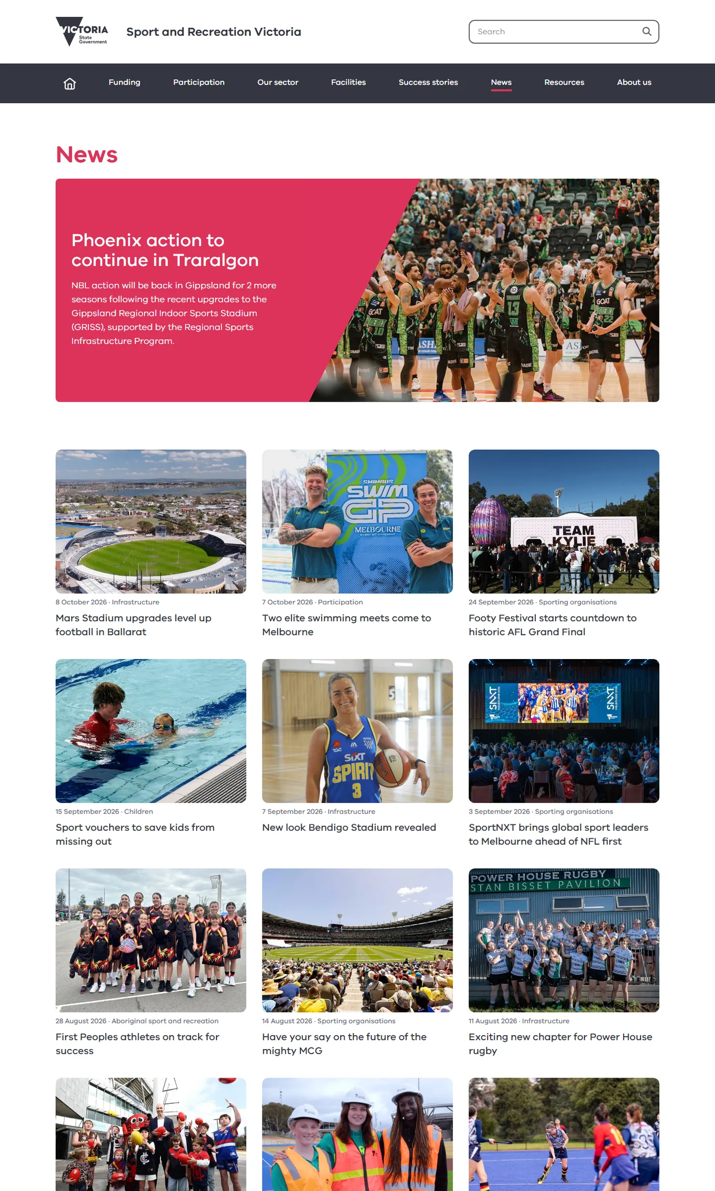 The News section on sport.vic.gov.au