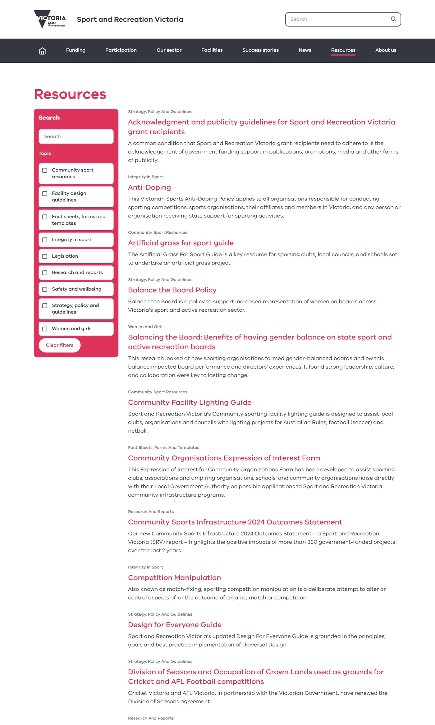 The resources section on sport.vic.gov.au