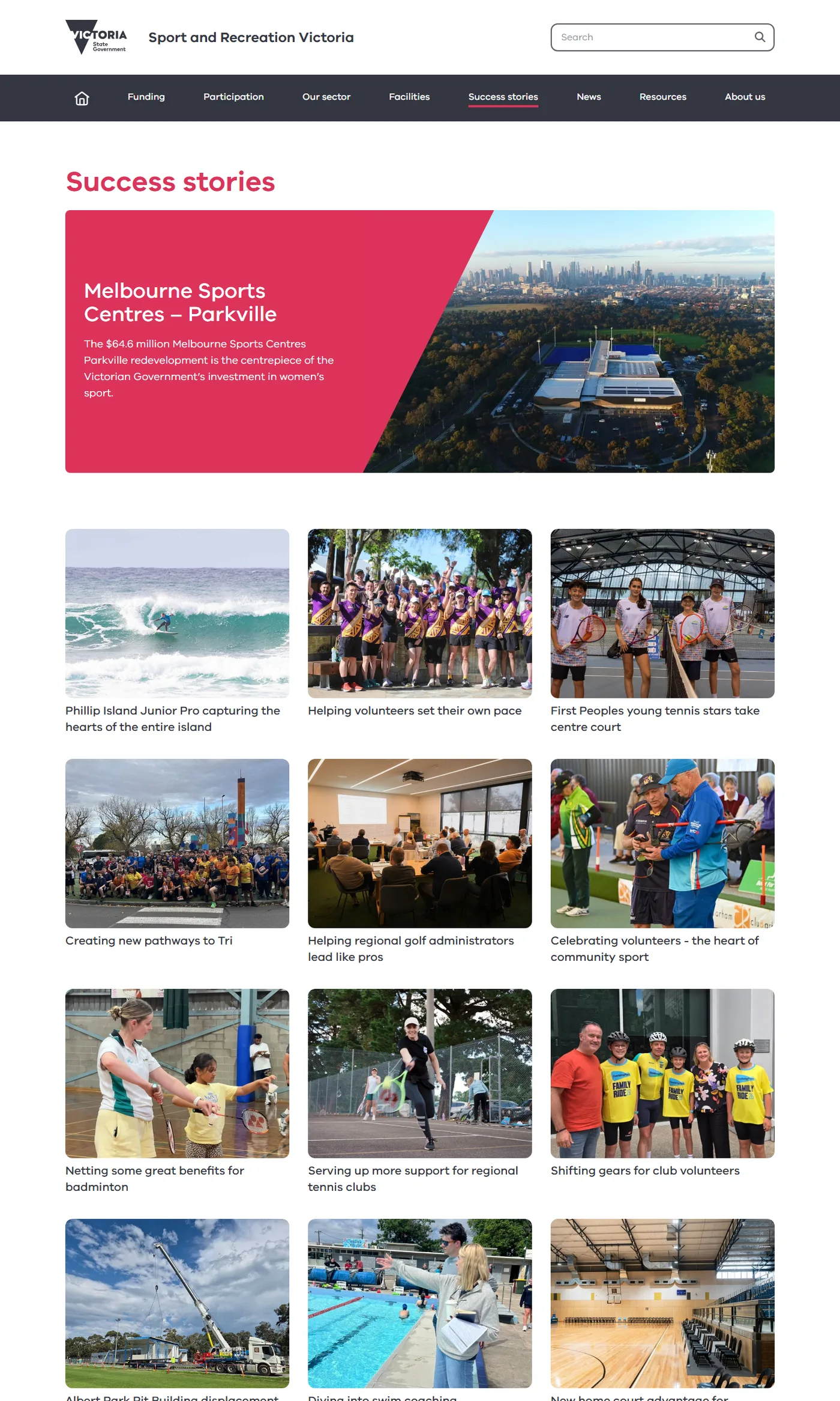 The success stories section on sport.vic.gov.au