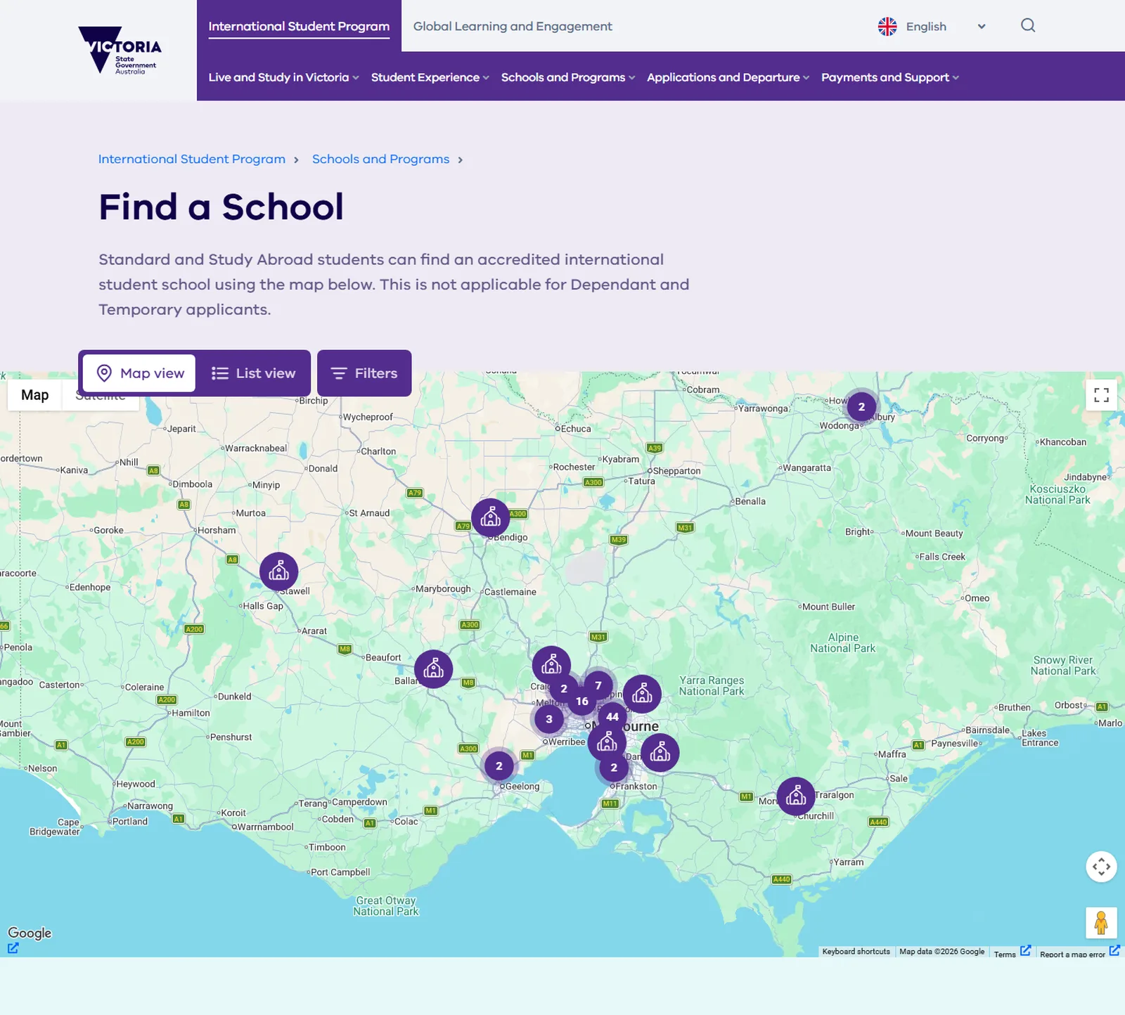Find a School on study.vic.gov.au, map view