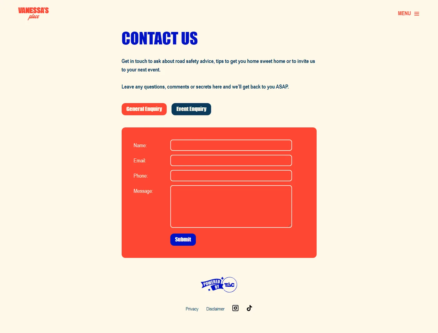 The contact page on vanessasplace.com.au