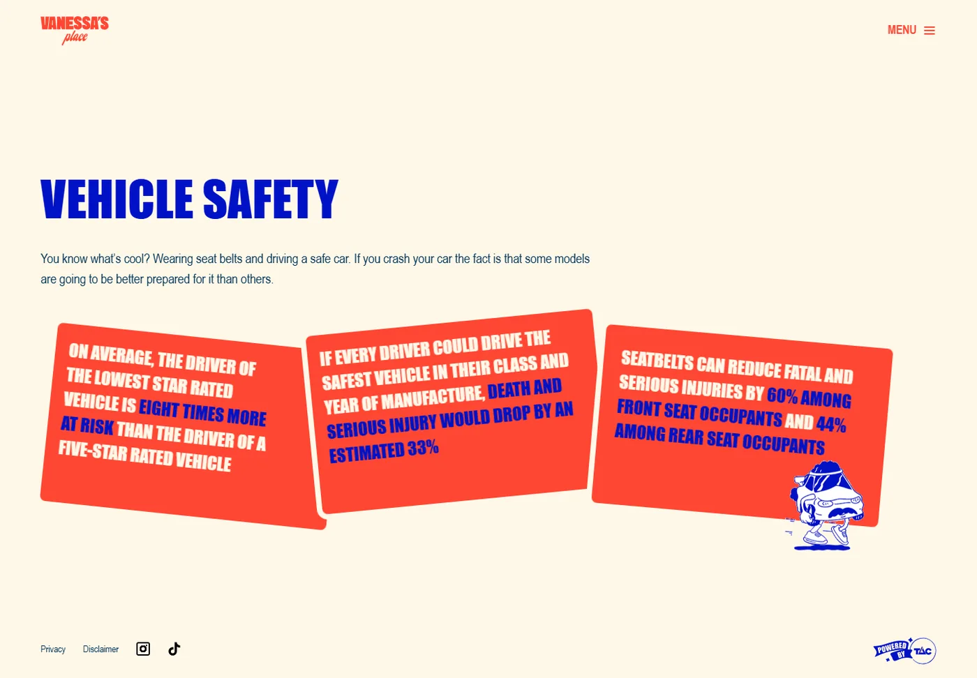 The vehicle safety page on vanessasplace.com.au