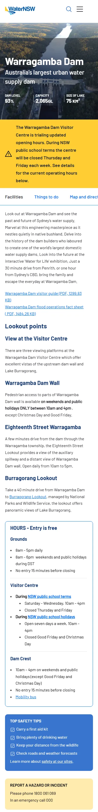 The Warragamba Dam page on a phone
