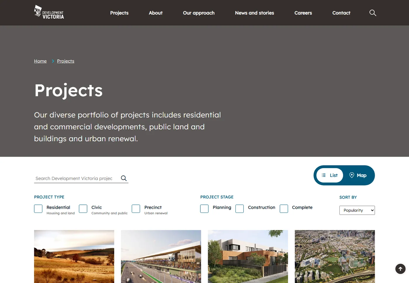 Development Victoria project listing with map and filters
